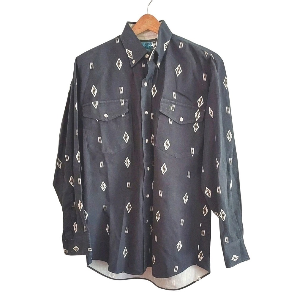 Lone Roo by Roper Western Shirt Mens Medium Black Geometric Diamond Cotton USA